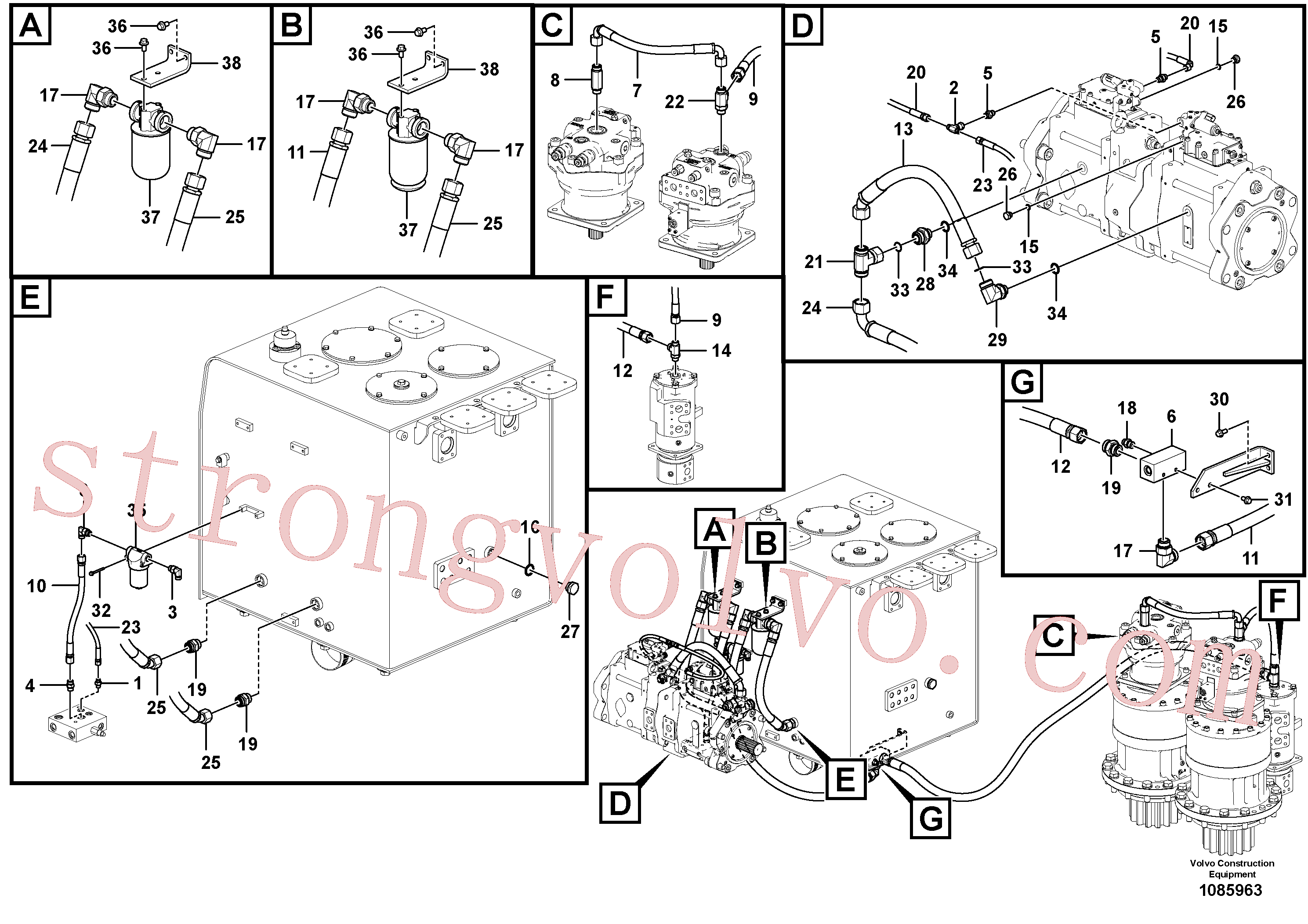 VOE15015597 Volvo Sistema servomotor, suporte do filtro e tubagem da bomba(1085963 Montagem)