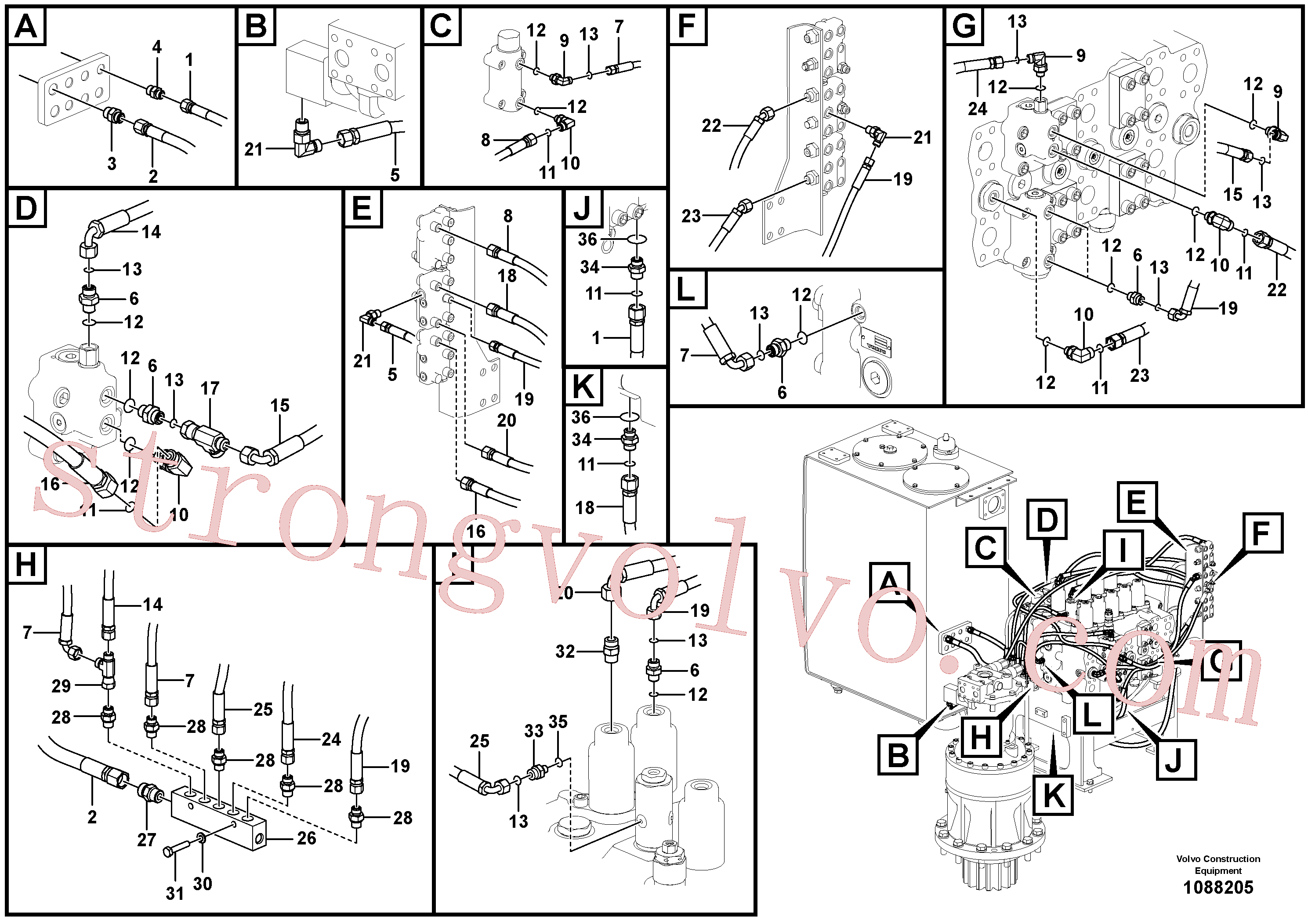 VOE15058029 Volvo Sistema servomotor, tubagem da válvula de comando(1088205 Montagem)