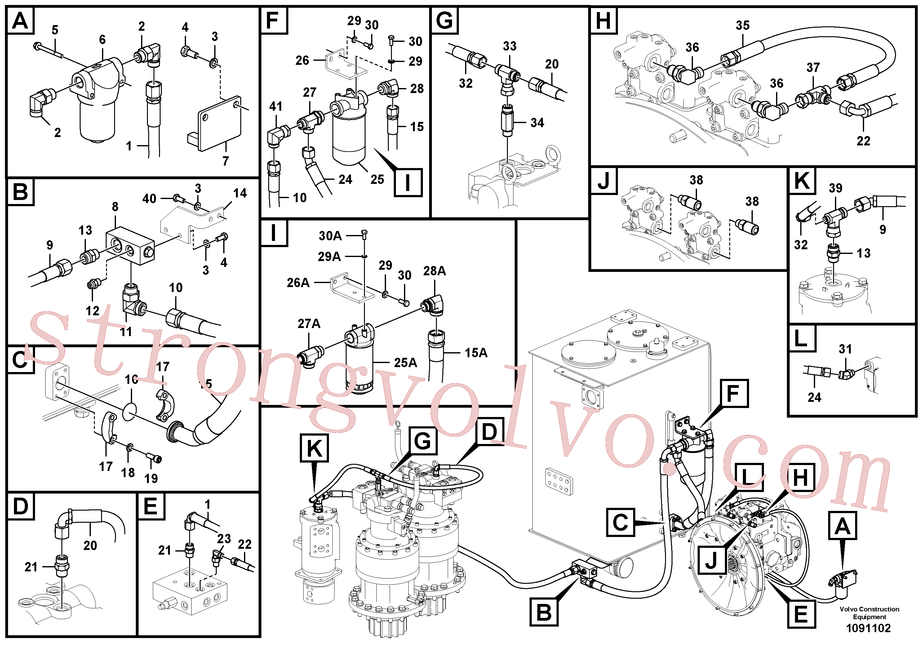 VOE938395 Volvo Sistema servomotor, suporte do filtro e tubagem da bomba(1091102 Montagem)