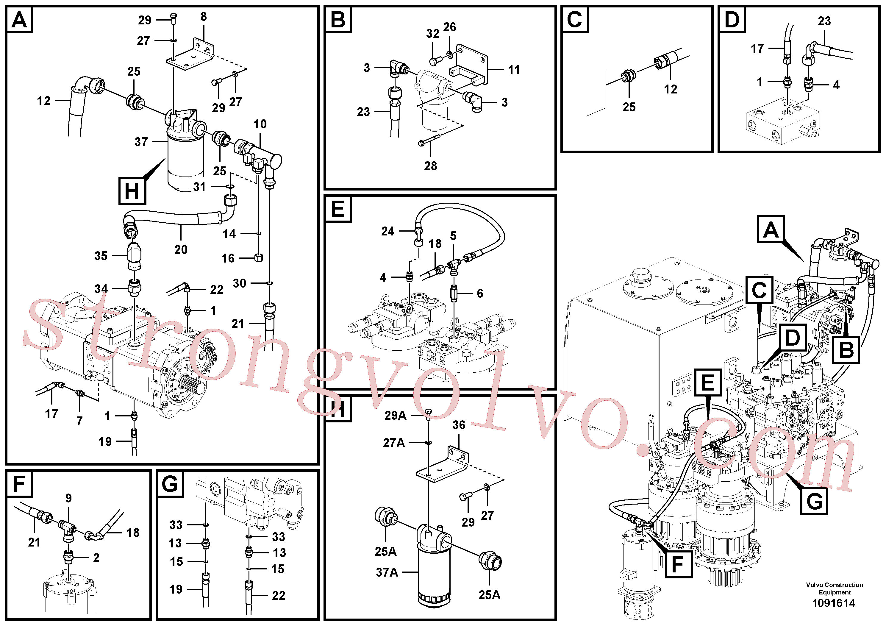 VOE937554 Volvo Sistema servomotor, suporte do filtro e tubagem da bomba(1091614 Montagem)