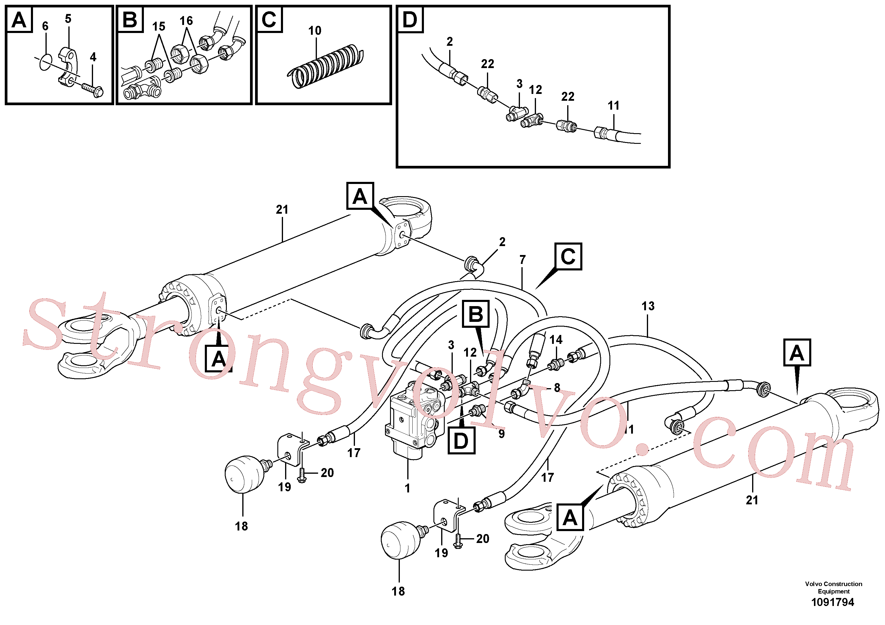 VOE935422 Volvo Sistema da direcção: mangueiras, válvula de comutação - cilindro da direcção.(1091794 Montagem)