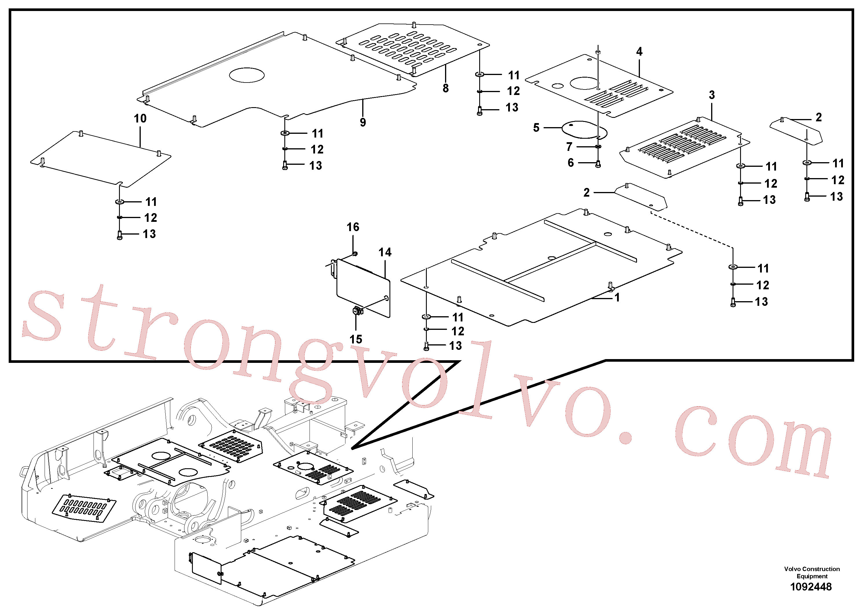 VOE997951 Volvo Escotilhas sob o motor, bombas hidráulicas, arrefecedor, válvula m. e depósito de combustível(1092448 Montagem)
