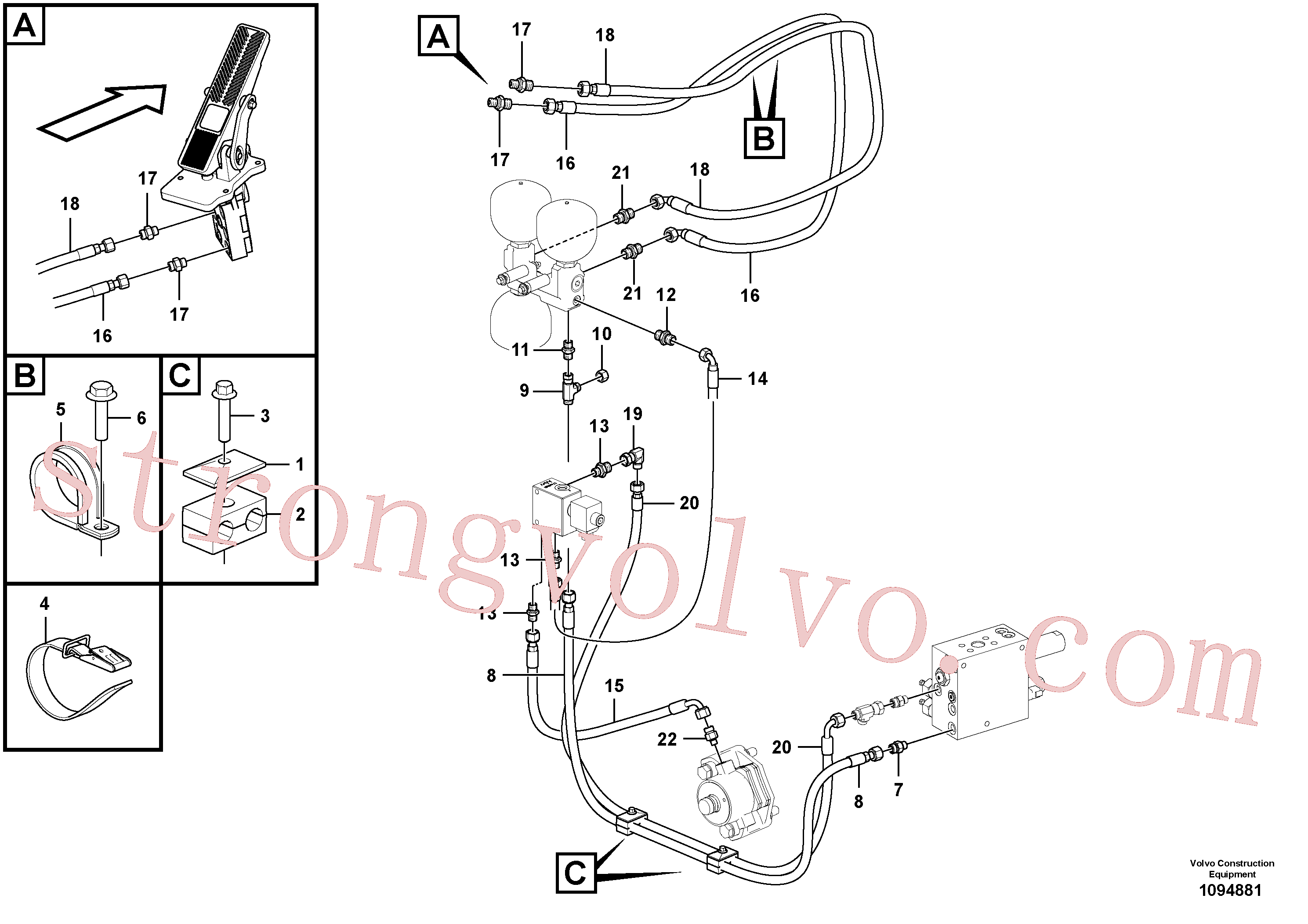 VOE938216 Volvo Linha do travão, corpo da válvula - acumuladores - acumulador - válvula do travão do pé(1094881 Montagem)