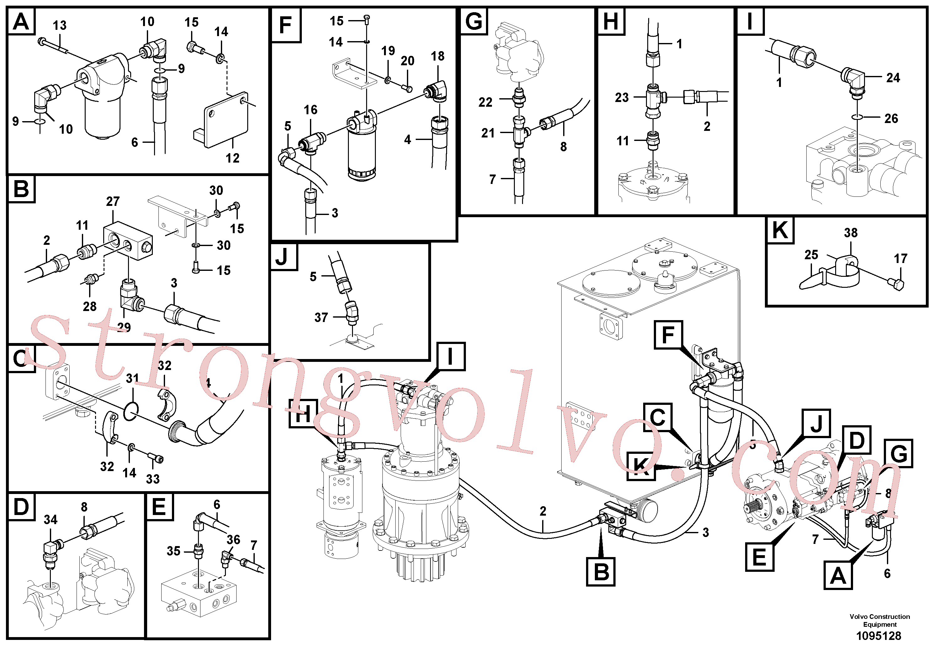 VOE935017 Volvo Sistema servomotor, suporte do filtro e tubagem da bomba(1095128 Montagem)