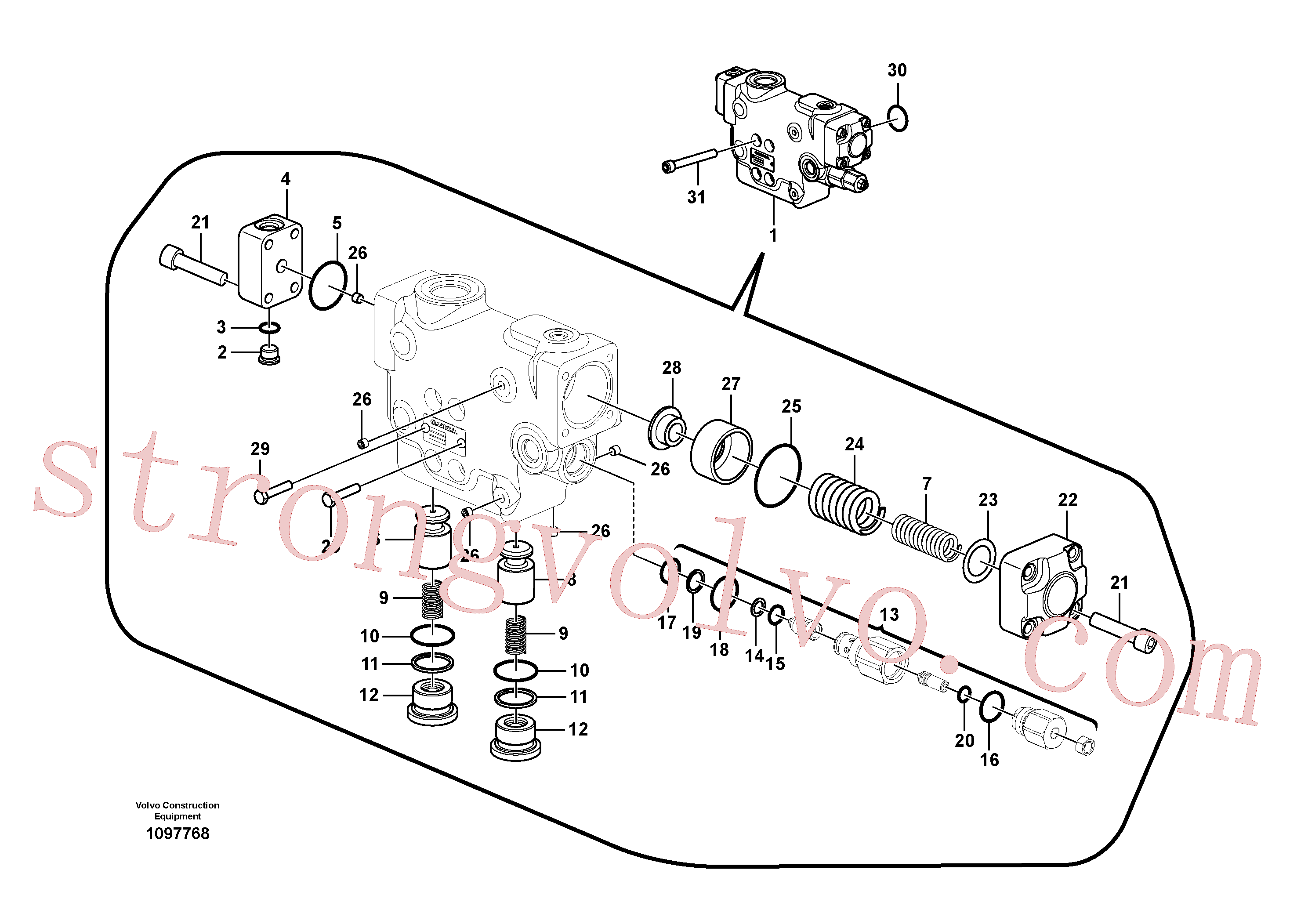 VOE994025 Volvo Hidráulico de serviço, suporte da válvula de ruptura do braço de afundamento.(1097768 Montagem)