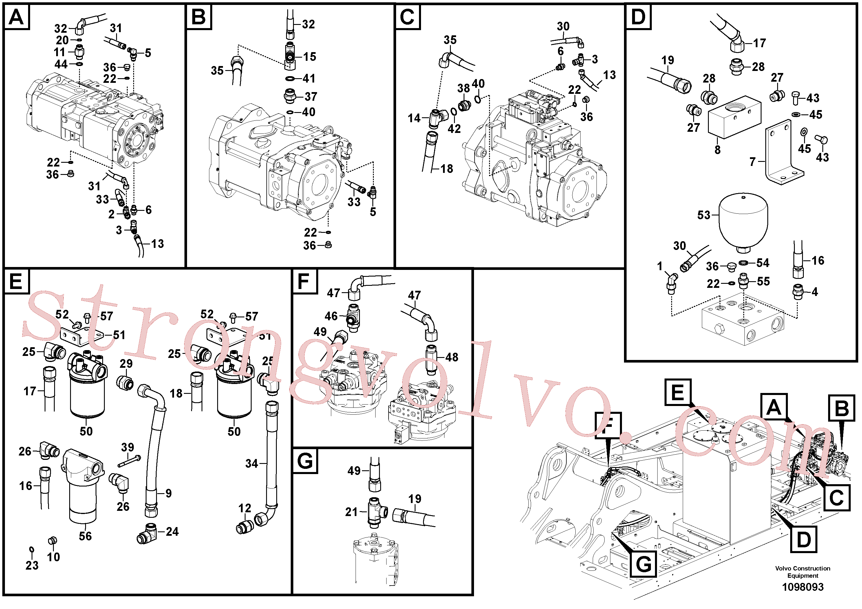 VOE60112254 Volvo Sistema servomotor, suporte do filtro e tubagem da bomba(1098093 Montagem)