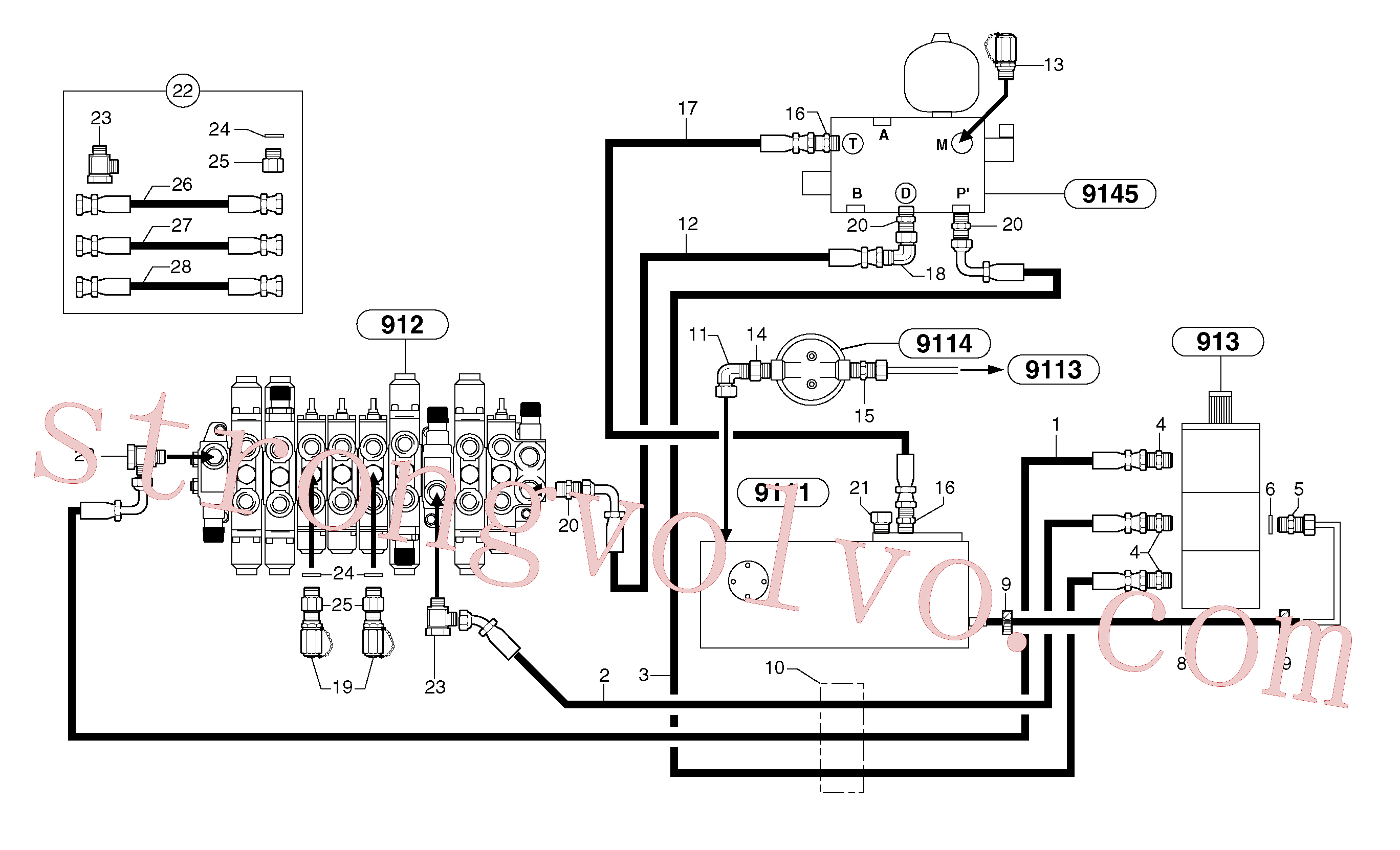 PJ4700010 Volvo Alimentação e circuito de retorno dos acoplamentos(9112X2 Montagem)