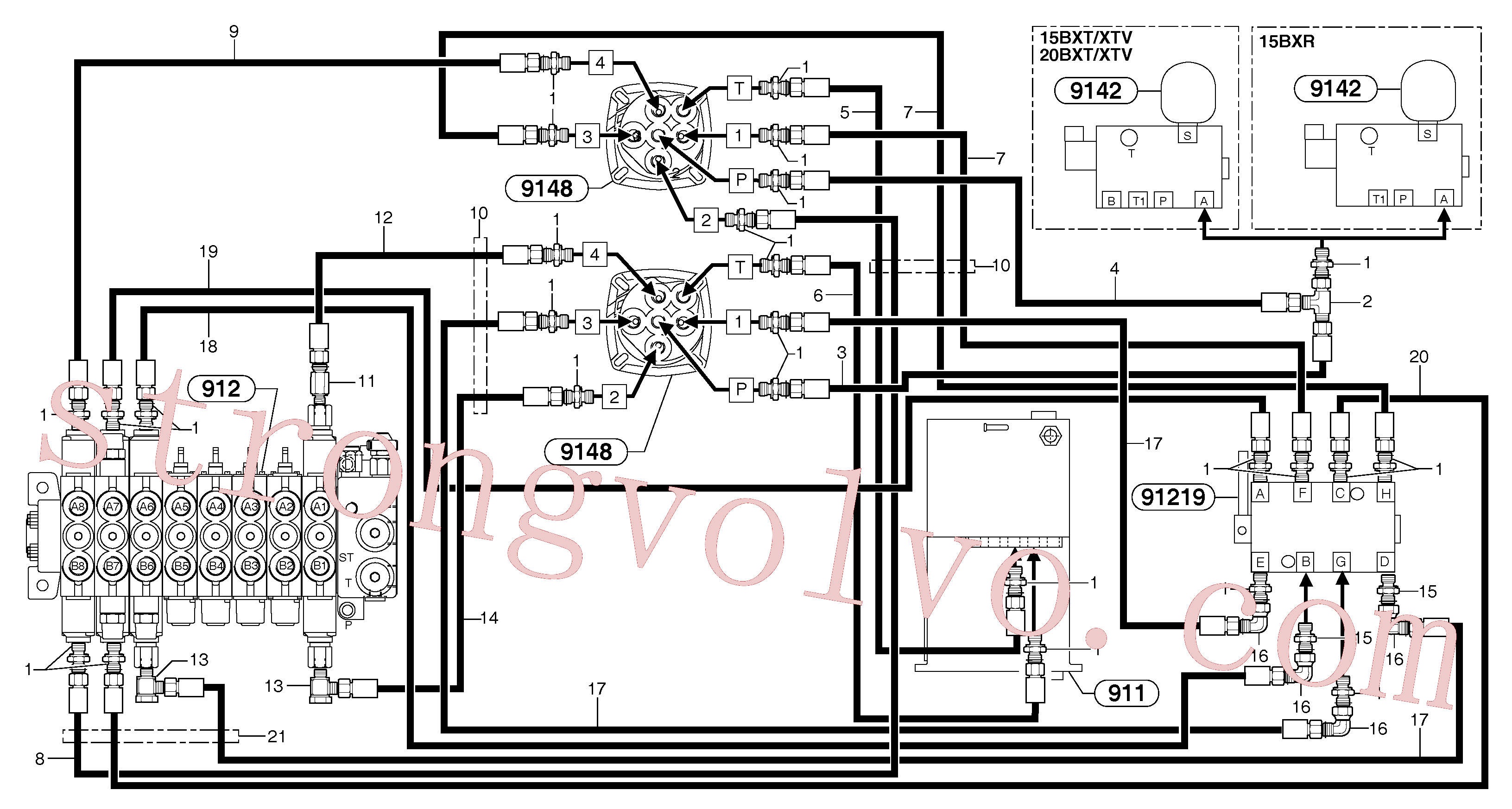 PJ4700015 Volvo Circuito hidráulico (comandos dos acoplamentos) (EUA)(9147NZ1 Montagem)