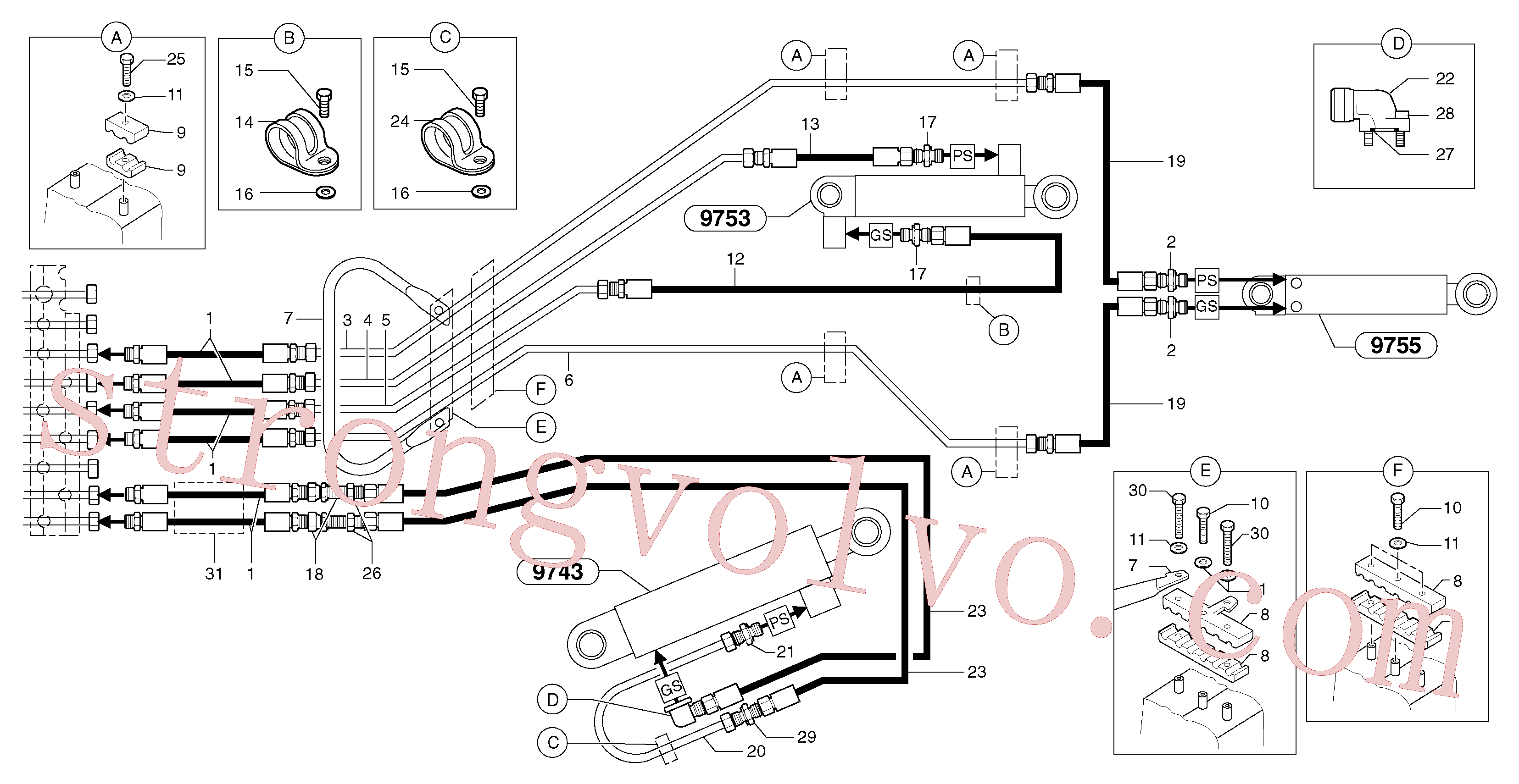 PJ5910730 Volvo Circuito hidráulico (lança/braço de afundamento/balde)(9164HY3 Montagem)