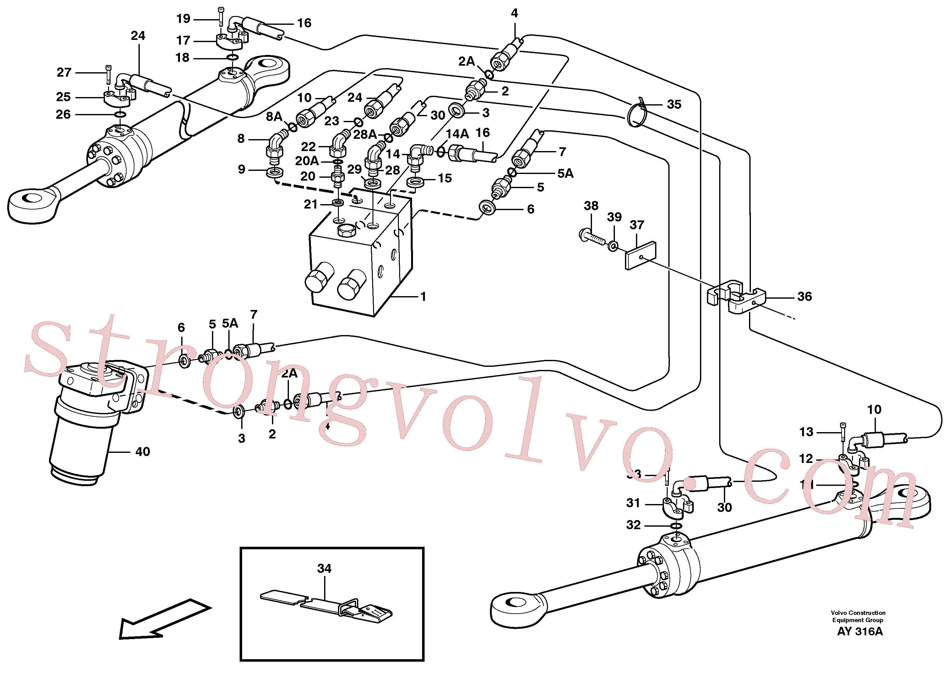 VOE13933870 Volvo Sistema da direcção: mangueiras, válvula de comutação - cilindro da direcção.(AY316A Montagem)
