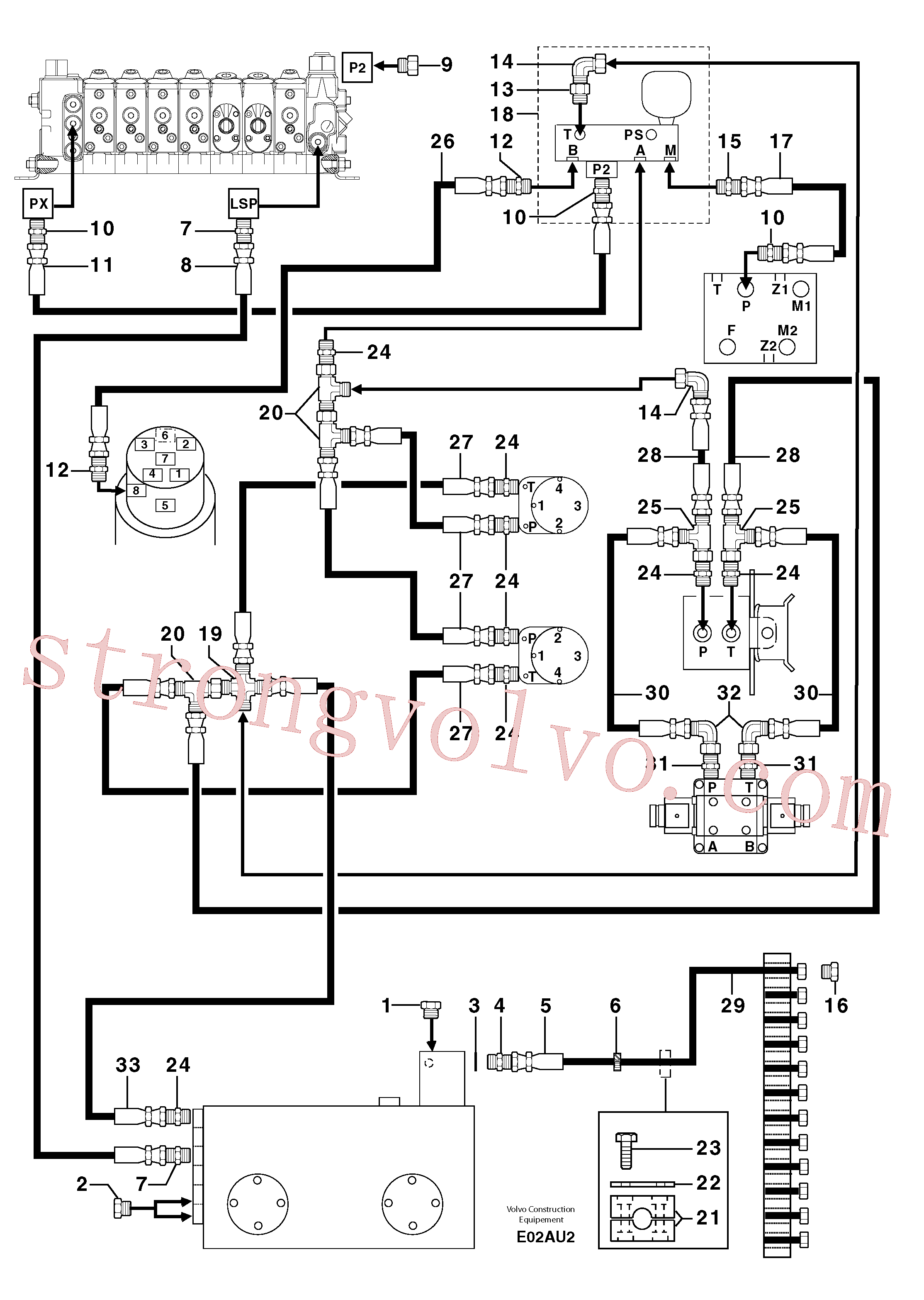 PJ4750044 Volvo Alimentação e circuito de retorno dos acoplamentos(E02AU2 Montagem)