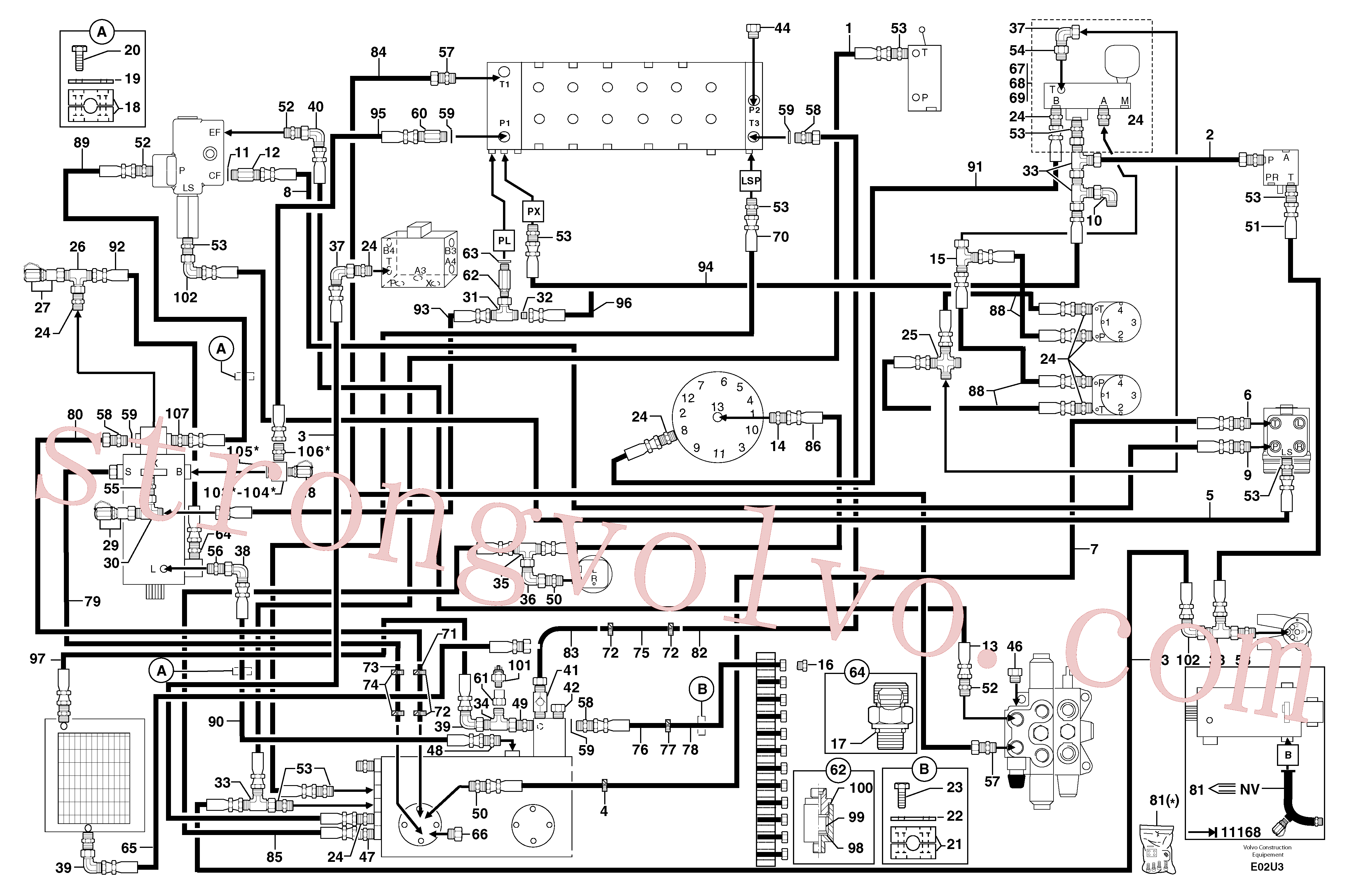 PJ6010157 Volvo Alimentação e circuito de retorno dos acoplamentos(E02U3 Montagem)