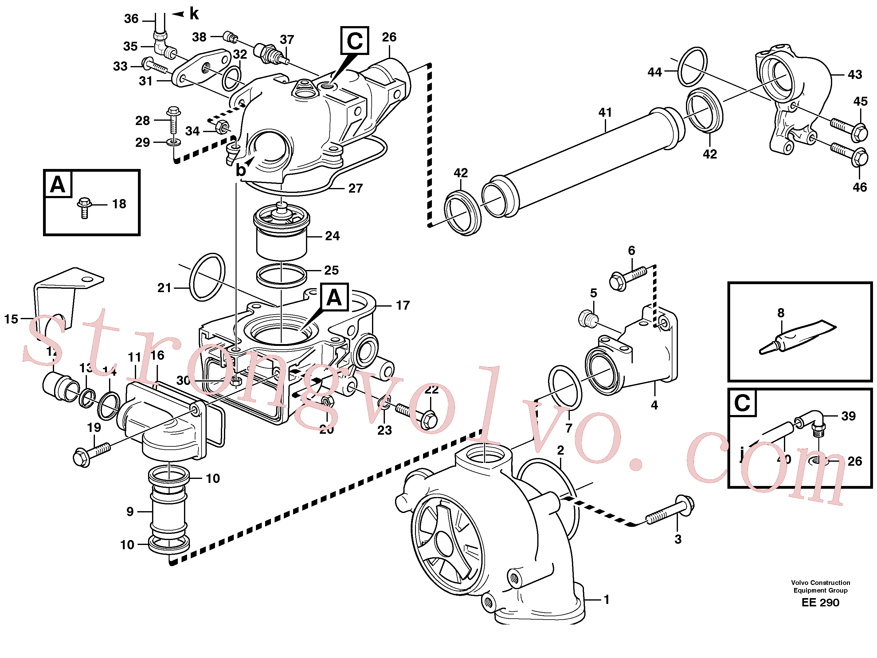 VOE479953 Volvo Alojamento do termóstato e da bomba de água(EE290 Montagem)