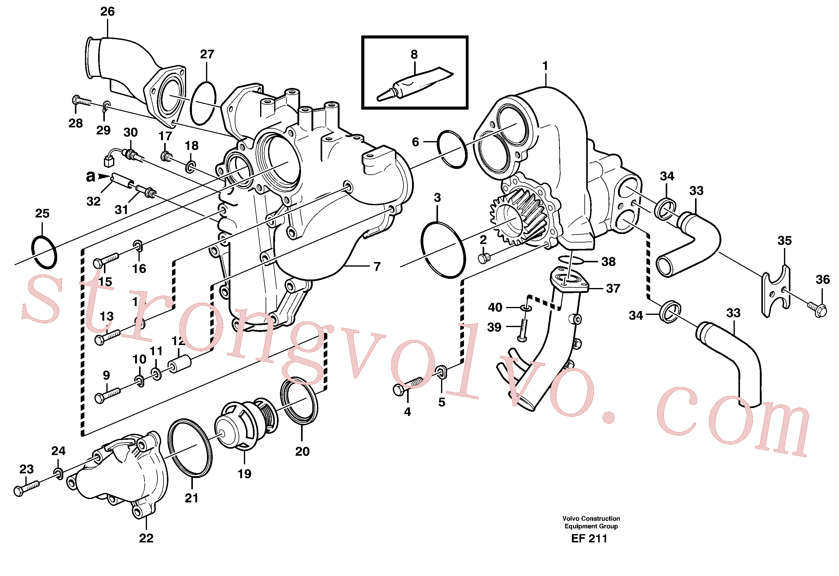 VOE940135 Volvo Alojamento do termóstato e da bomba de água(EF211 Montagem)