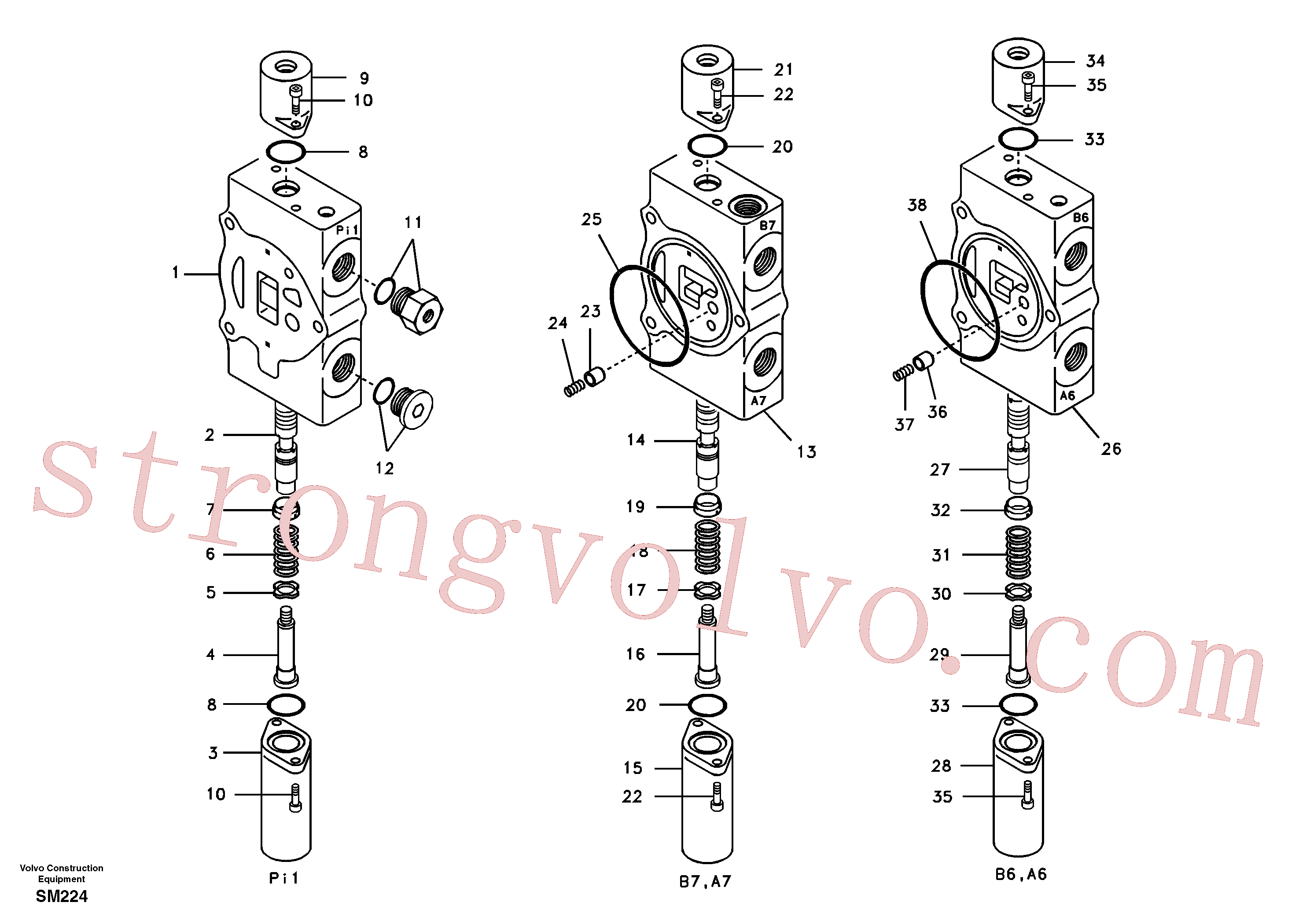 VOE14697575 Volvo Válvula de controlo principal, deslocação em frente e braço de afundamento 1 e lança 2.(SM224 Montagem)