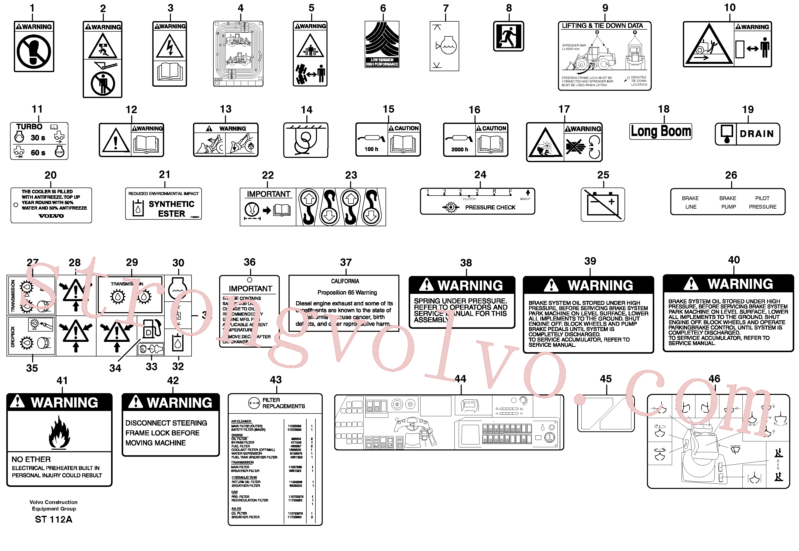 VOE11003865 Volvo Ilustrações das placas de sinalização e etiquetas adesivas(ST112A Montagem)