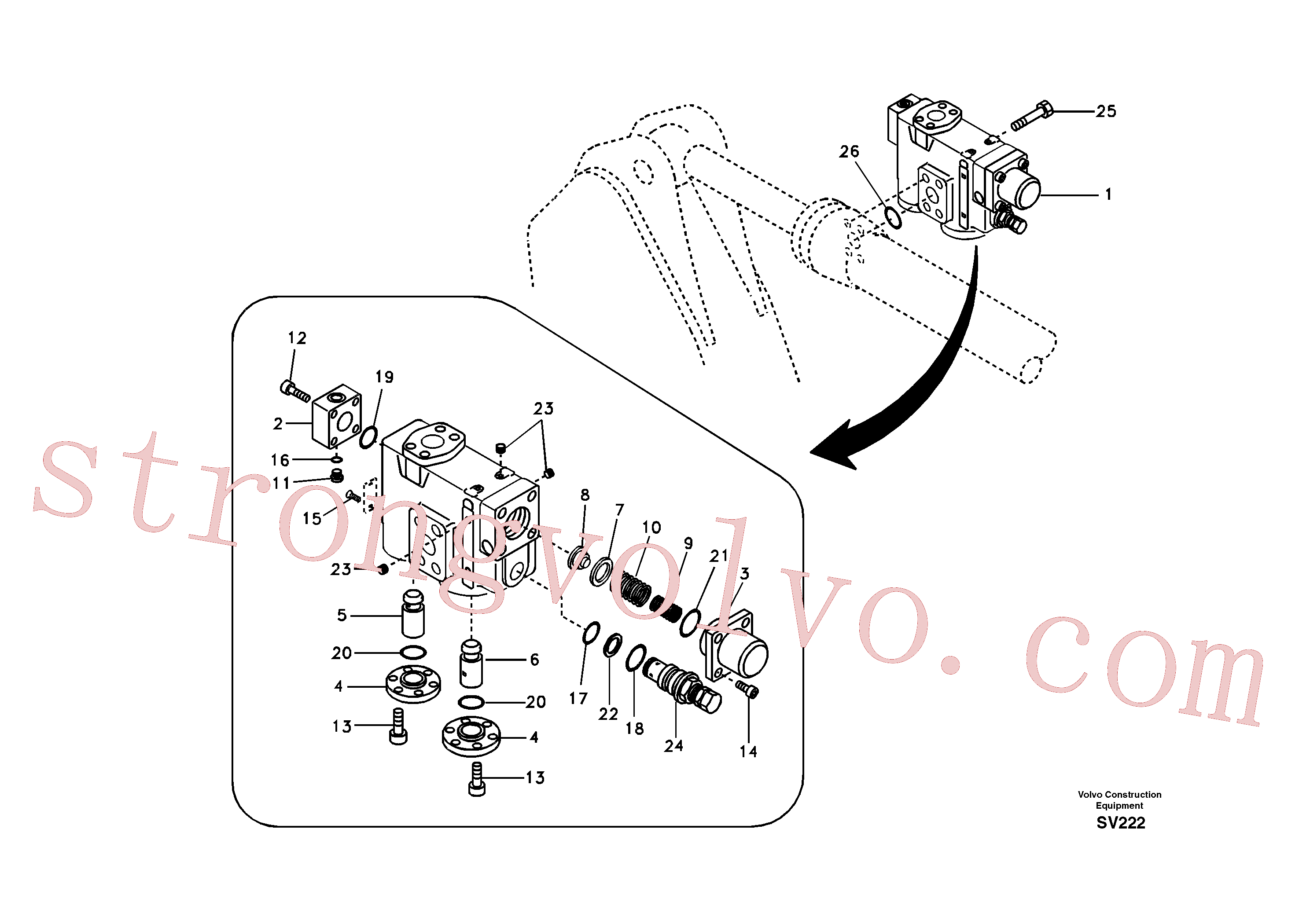 SA9566-10140 Volvo Hidráulico de serviço, suporte da válvula de ruptura do braço de afundamento.(SV222 Montagem)