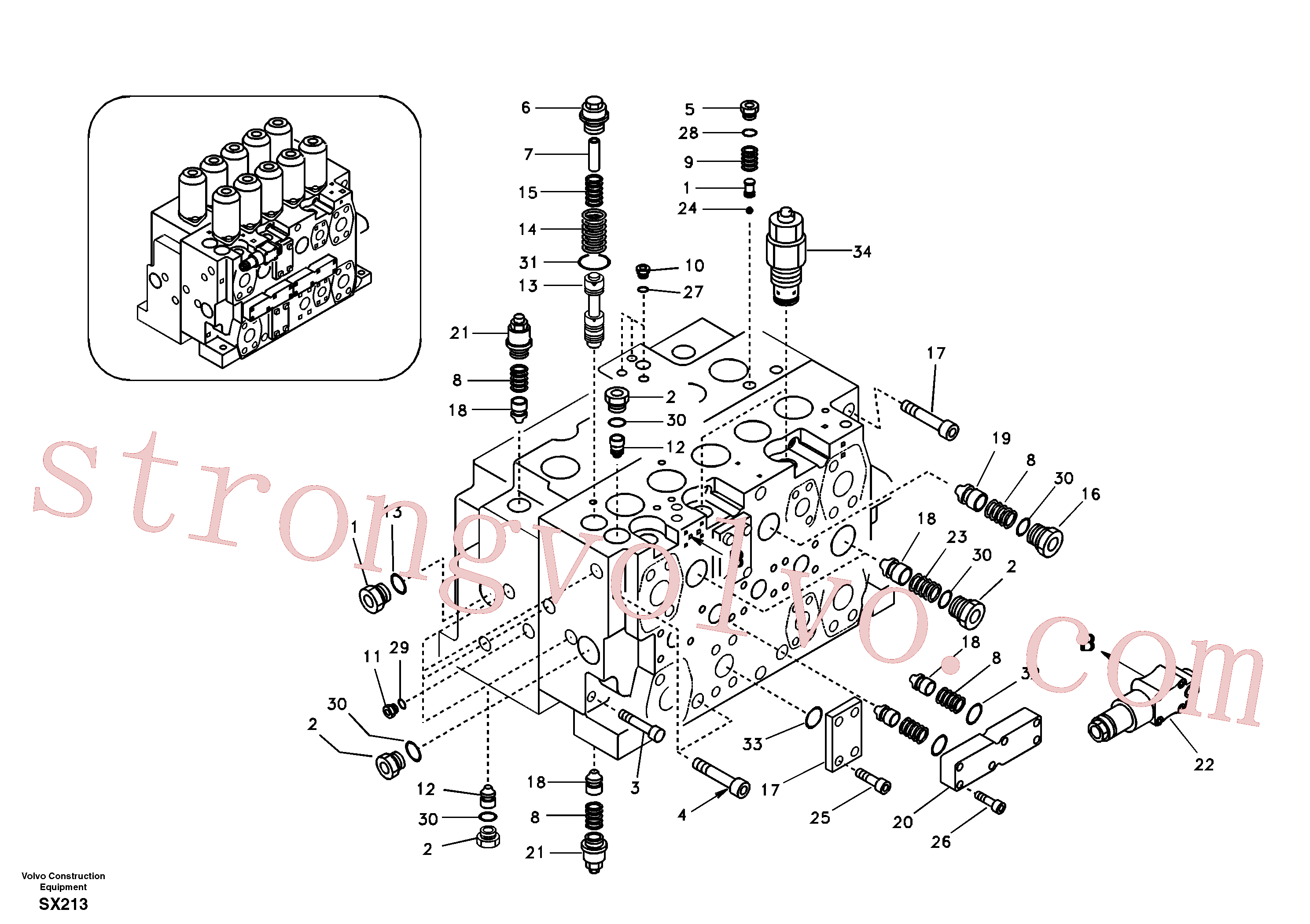 SA9016-21007 Volvo Válvula de comando, válvula de alívio e suspensão do braço de afundamento(SX213 Montagem)