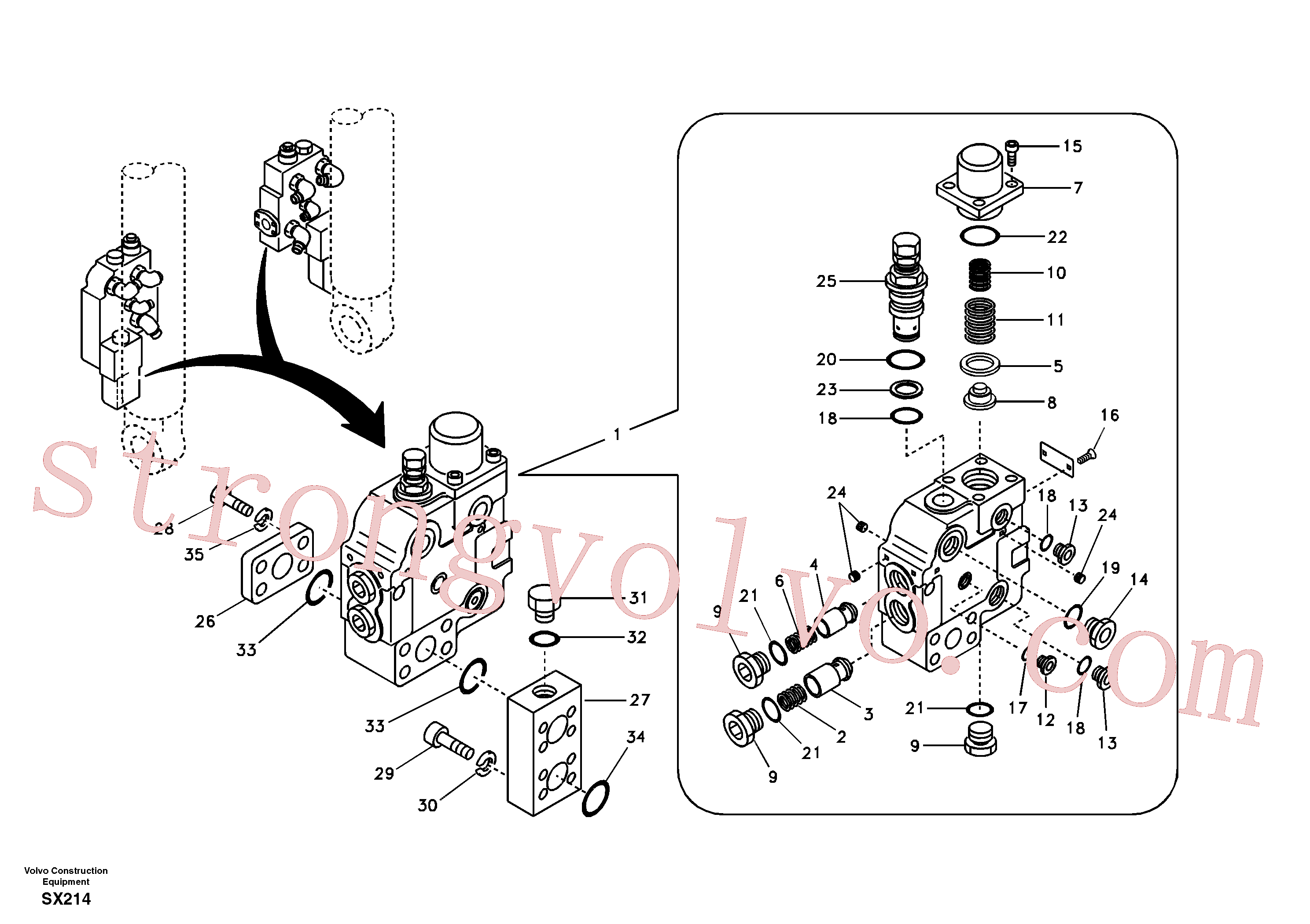 VOE14512227 Volvo Hidráulico de serviço, suporte da válvula de ruptura da lança(SX214 Montagem)