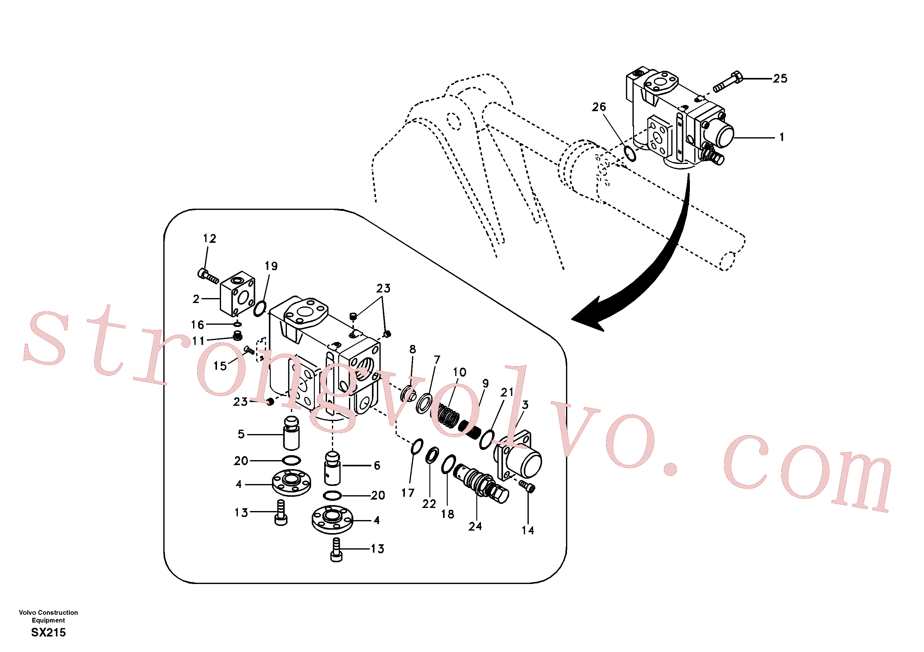 VOE14512208 Volvo Hidráulico de serviço, suporte da válvula de ruptura do braço de afundamento.(SX215 Montagem)