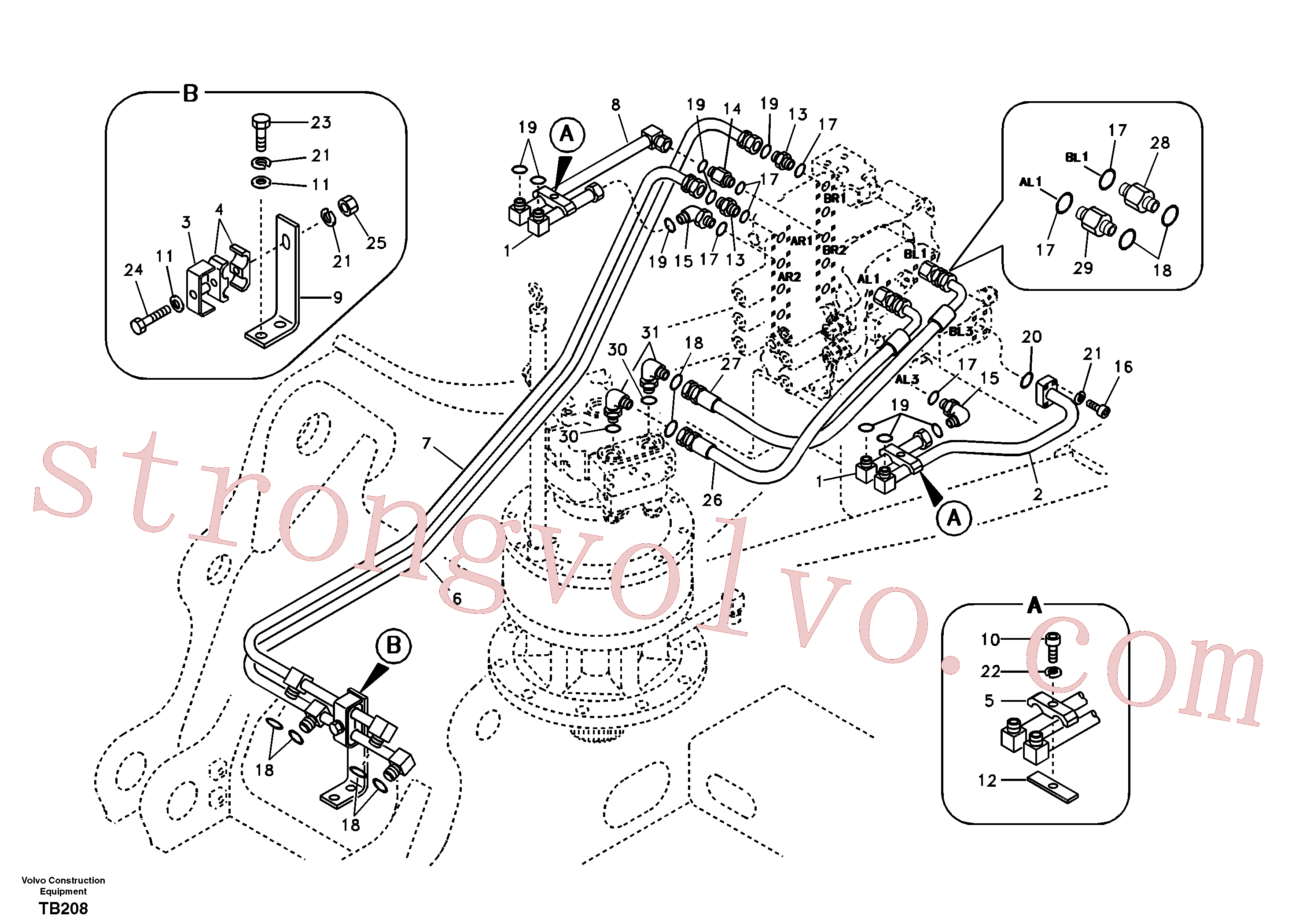 VOE937774 Volvo Sistema hidráulico, válvula de comando da lança e articulação(TB208 Montagem)
