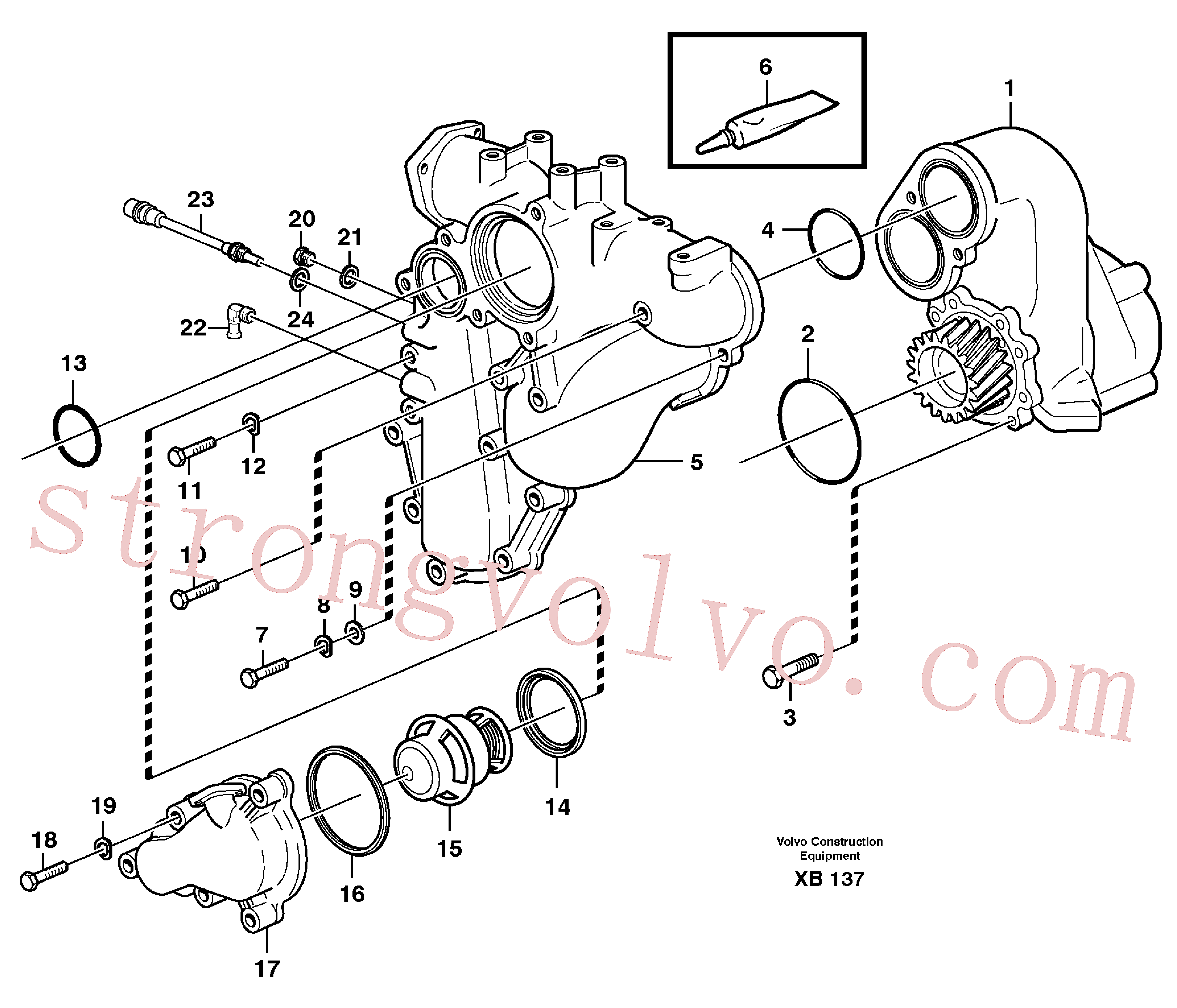 VOE961170 Volvo Alojamento do termóstato e da bomba de água(XB137 Montagem)